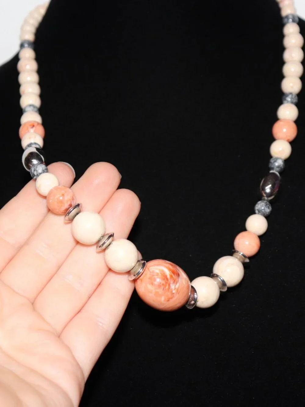 ✨ Vintage Cream, Orange & Silver Beaded Necklace • 24” • Heavy Plastic ✨